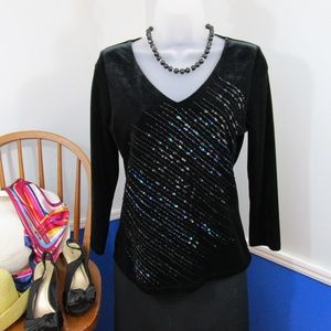 Black Velvet Rainbow Sequin Long Sleeve Top Sz SM